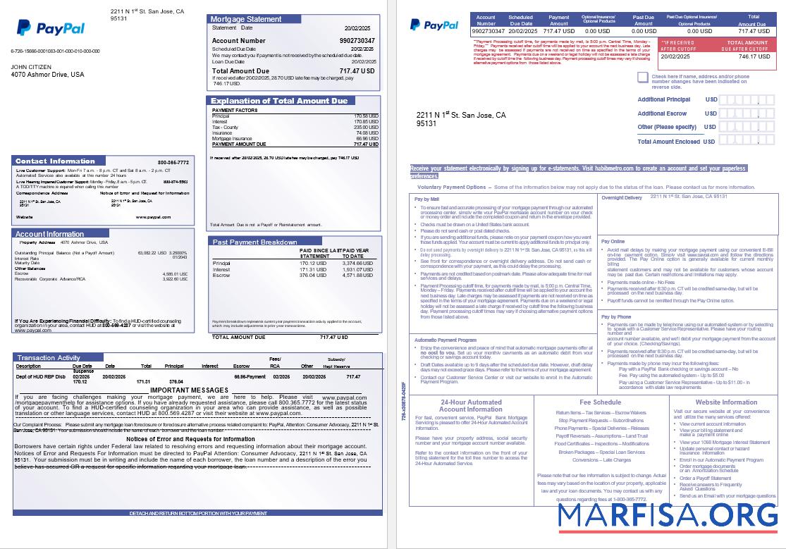 Downloadable USA PayPal mortgage statement in Word and PDF formats, 3 pages download for verification